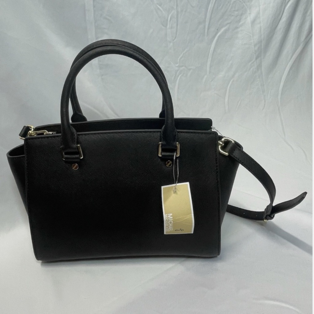 NEW Michael Kors Satchel Medium Size Handbag Crossbody Bag Black Leather/Gold - Picture 3 of 8